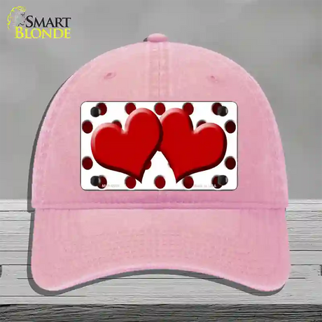 Red White Dots Hearts Oil Rubbed Novelty License Plate Hat Unconstructed Cotton / Pink