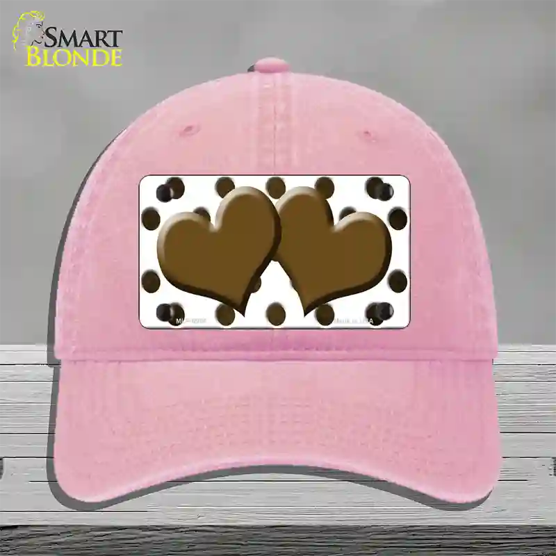 Brown White Dots Hearts Oil Rubbed Novelty License Plate Hat Unconstructed Cotton / Pink