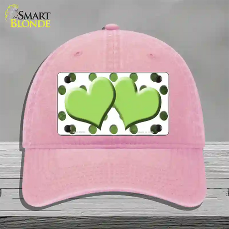 Lime Green White Dots Hearts Oil Rubbed Novelty License Plate Hat Unconstructed Cotton / Pink