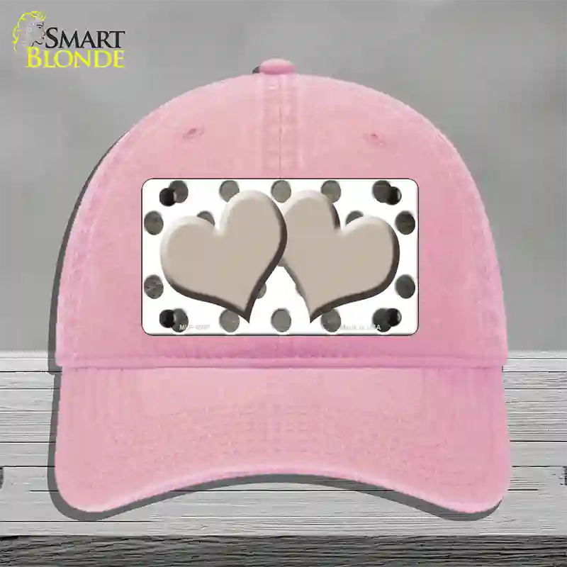 Tan White Dots Hearts Oil Rubbed Novelty License Plate Hat Unconstructed Cotton / Pink