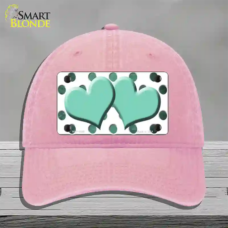 Mint White Dots Hearts Oil Rubbed Novelty License Plate Hat Unconstructed Cotton / Pink