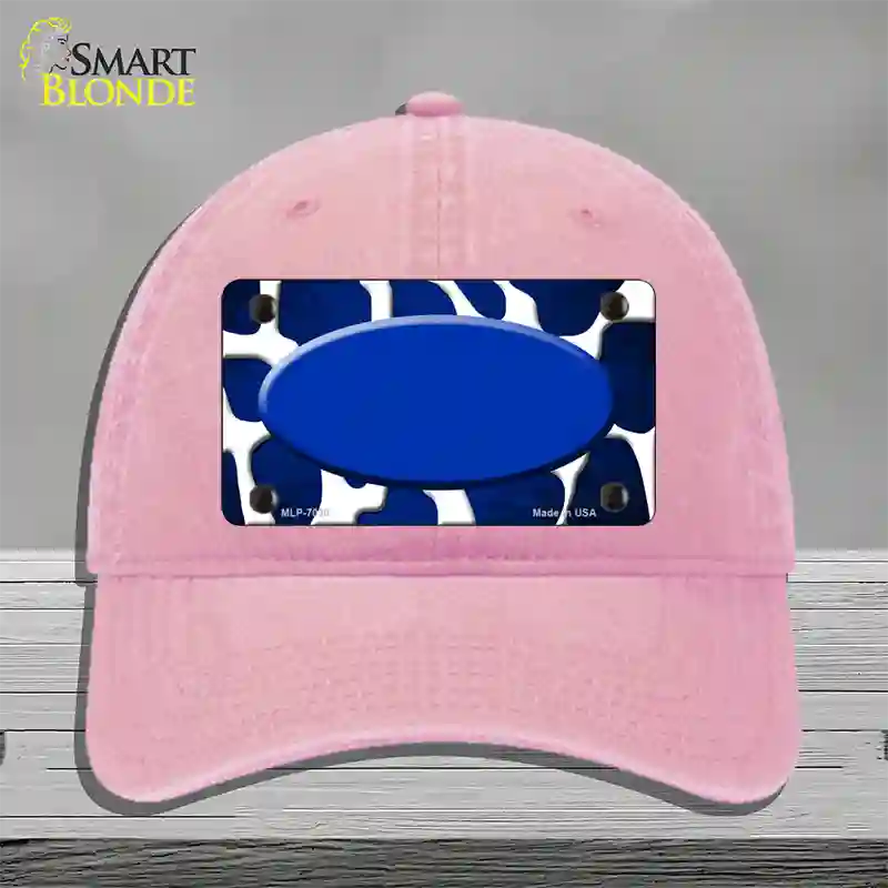 Blue White Oval Giraffe Oil Rubbed Novelty License Plate Hat Unconstructed Cotton / Pink