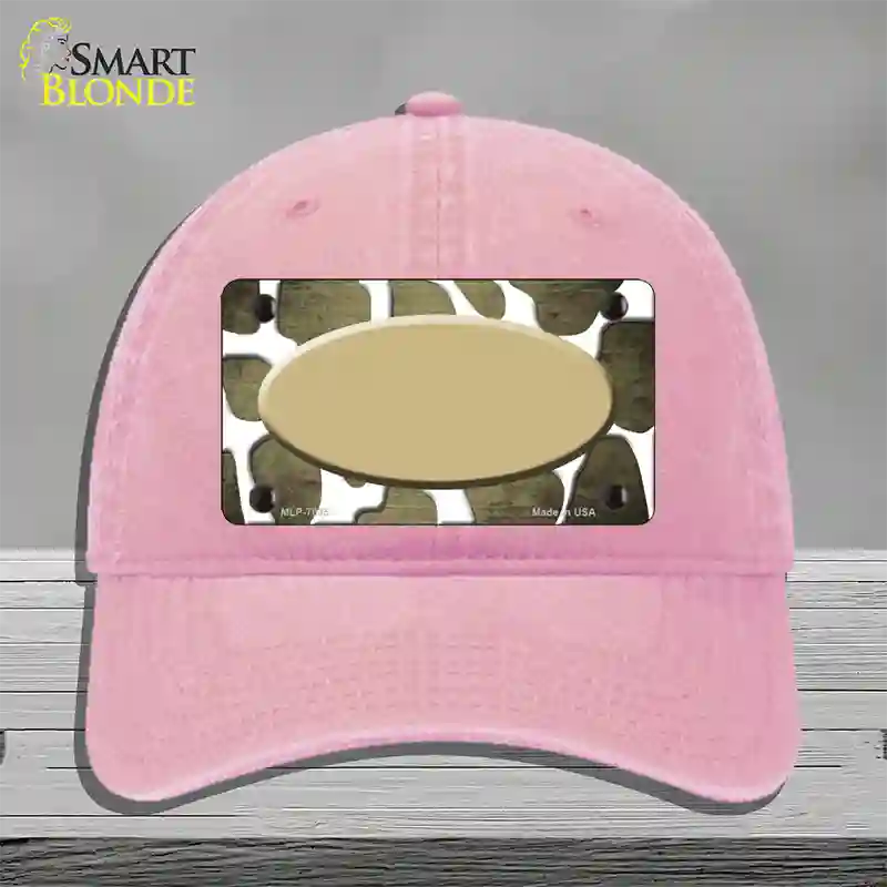 Gold White Oval Giraffe Oil Rubbed Novelty License Plate Hat Unconstructed Cotton / Pink