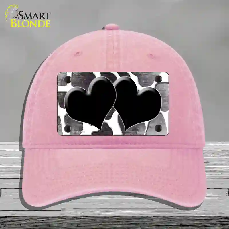 Black White Hearts Giraffe Oil Rubbed Novelty License Plate Hat Unconstructed Cotton / Pink