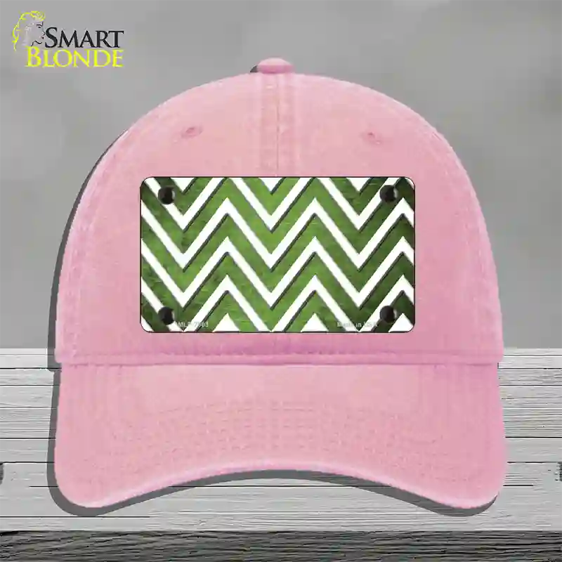 Lime Green White Chevron Oil Rubbed Novelty License Plate Hat Unconstructed Cotton / Pink