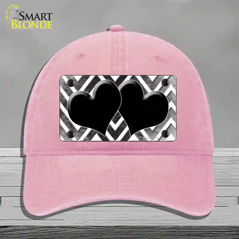 Black White Hearts Chevron Oil Rubbed Novelty License Plate Hat Unconstructed Cotton / Pink