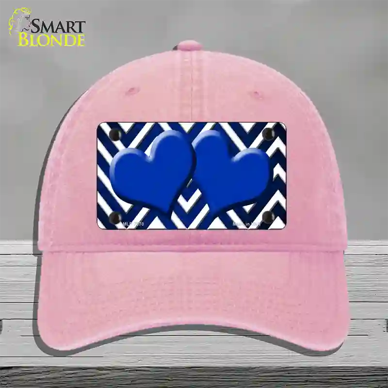 Blue White Hearts Chevron Oil Rubbed Novelty License Plate Hat Unconstructed Cotton / Pink