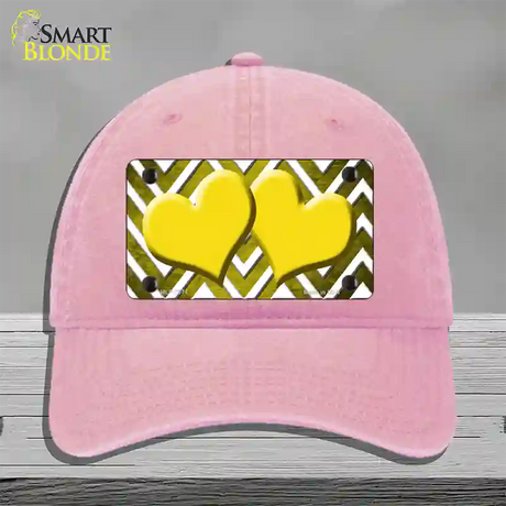 Yellow White Hearts Chevron Oil Rubbed Novelty License Plate Hat Unconstructed Cotton / Pink