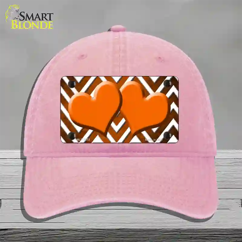 Orange White Hearts Chevron Oil Rubbed Novelty License Plate Hat Unconstructed Cotton / Pink