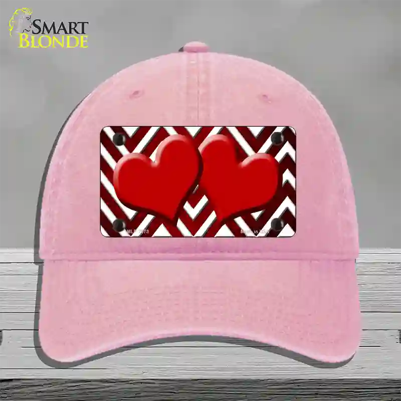 Red White Hearts Chevron Oil Rubbed Novelty License Plate Hat Unconstructed Cotton / Pink