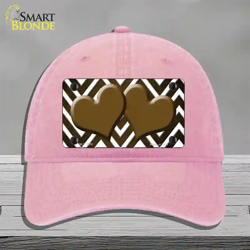 Brown White Hearts Chevron Oil Rubbed Novelty License Plate Hat Unconstructed Cotton / Pink