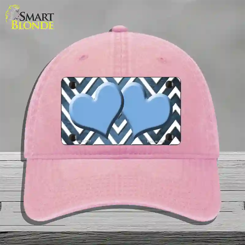 Light Blue White Hearts Chevron Oil Rubbed Novelty License Plate Hat Unconstructed Cotton / Pink