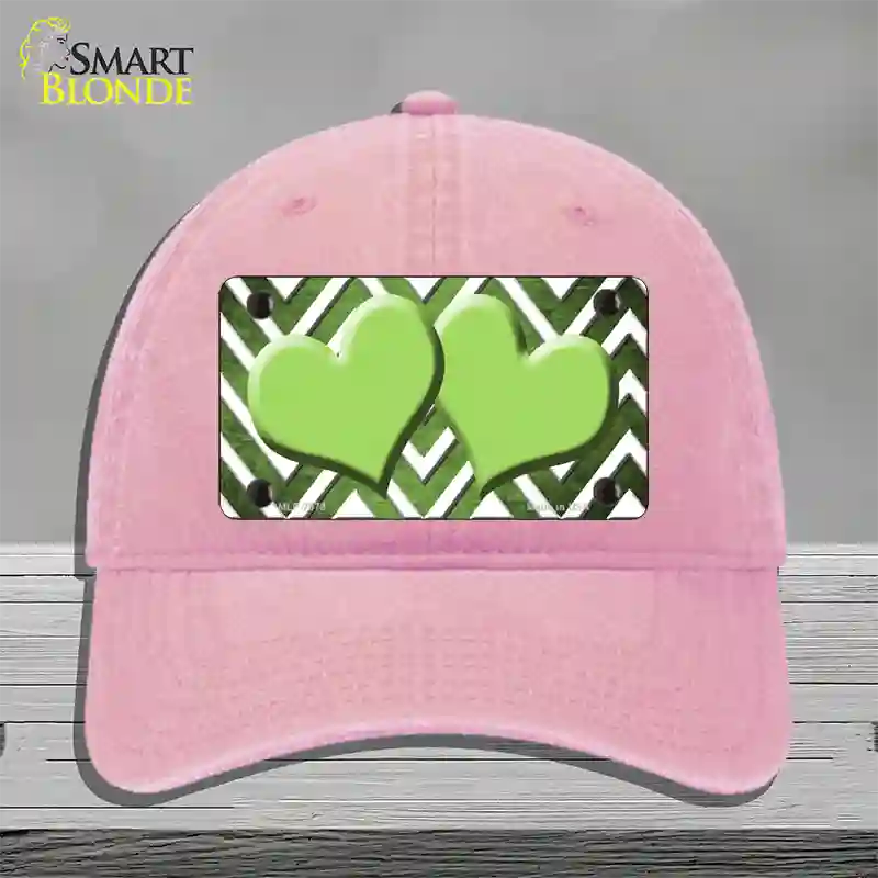 Lime Green White Hearts Chevron Oil Rubbed Novelty License Plate Hat Unconstructed Cotton / Pink