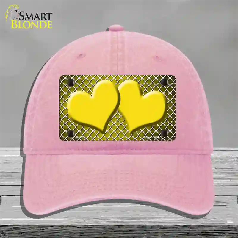 Yellow White Quatrefoil Hearts Oil Rubbed Novelty License Plate Hat Unconstructed Cotton / Pink