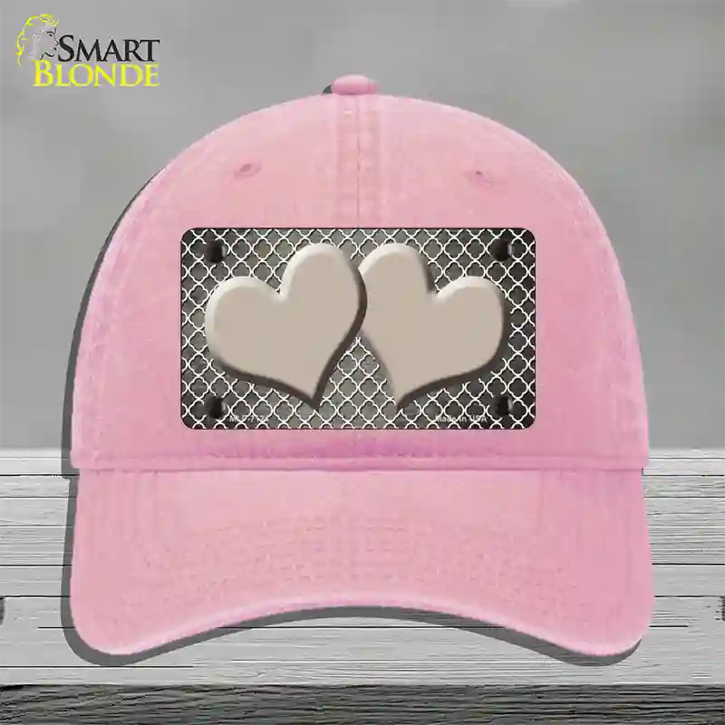 Tan White Quatrefoil Hearts Oil Rubbed Novelty License Plate Hat Unconstructed Cotton / Pink