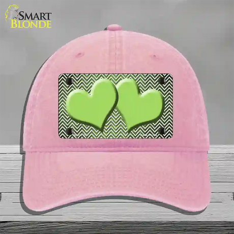 Lime Green White Small Chevron Hearts Oil Rubbed Novelty License Plate Hat Unconstructed Cotton / Pink