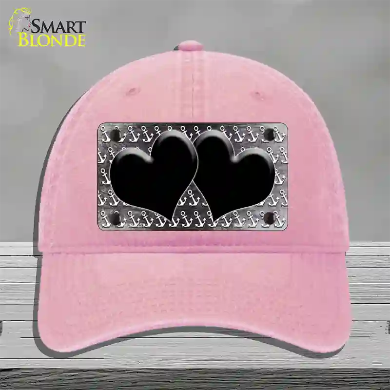 Black White Anchor Hearts Oil Rubbed Novelty License Plate Hat Unconstructed Cotton / Pink