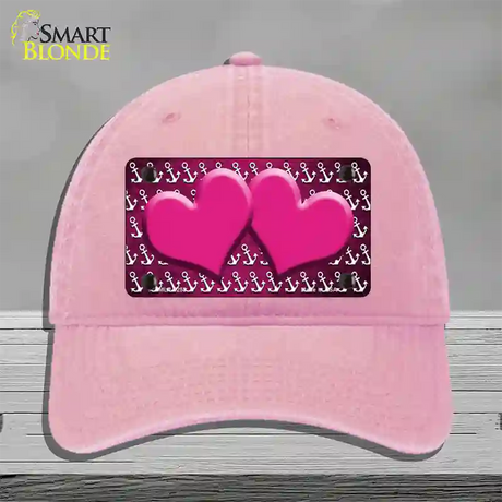 Pink White Anchor Hearts Oil Rubbed Novelty License Plate Hat Unconstructed Cotton / Pink