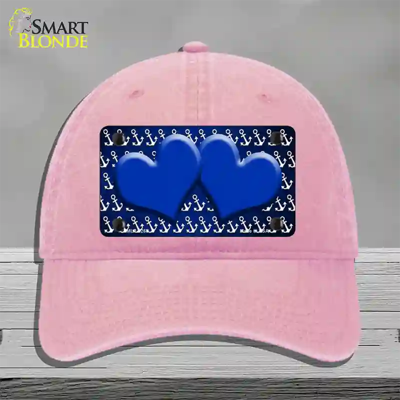 Blue White Anchor Hearts Oil Rubbed Novelty License Plate Hat Unconstructed Cotton / Pink