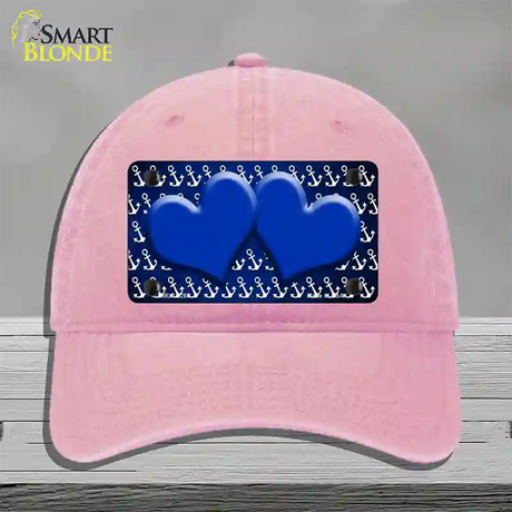 Blue White Anchor Hearts Oil Rubbed Novelty License Plate Hat Unconstructed Cotton / Pink