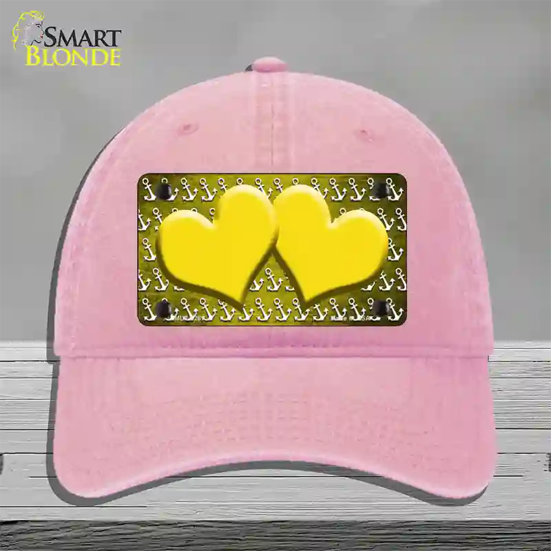 Yellow White Anchor Hearts Oil Rubbed Novelty License Plate Hat Unconstructed Cotton / Pink