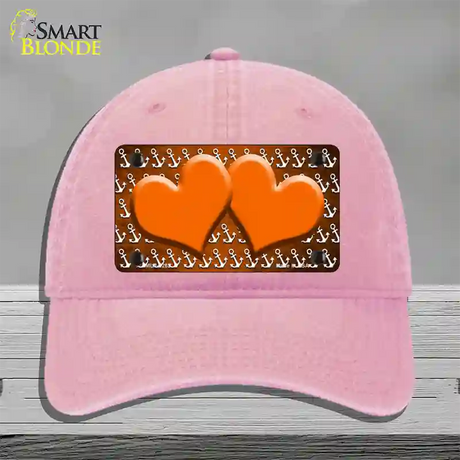 Orange White Anchor Hearts Oil Rubbed Novelty License Plate Hat Unconstructed Cotton / Pink