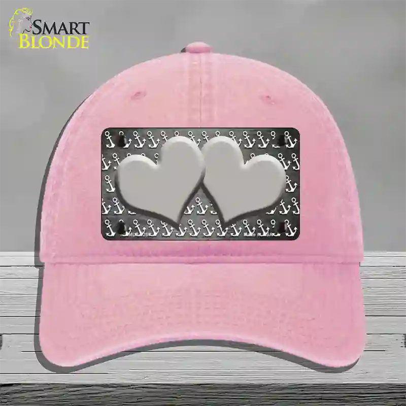 Gray White Anchor Hearts Oil Rubbed Novelty License Plate Hat Unconstructed Cotton / Pink