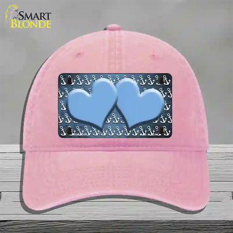 Light Blue White Anchor Hearts Oil Rubbed Novelty License Plate Hat Unconstructed Cotton / Pink