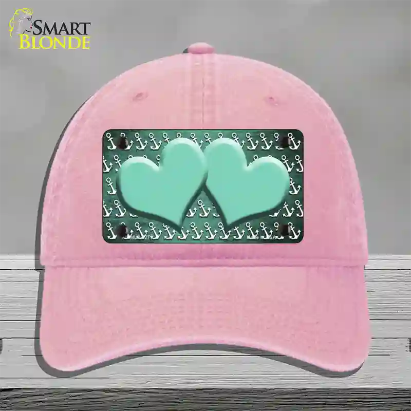 Mint White Anchor Hearts Oil Rubbed Novelty License Plate Hat Unconstructed Cotton / Pink