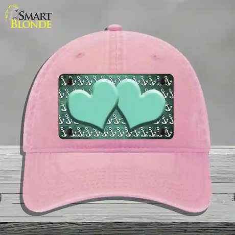 Mint White Anchor Hearts Oil Rubbed Novelty License Plate Hat Unconstructed Cotton / Pink