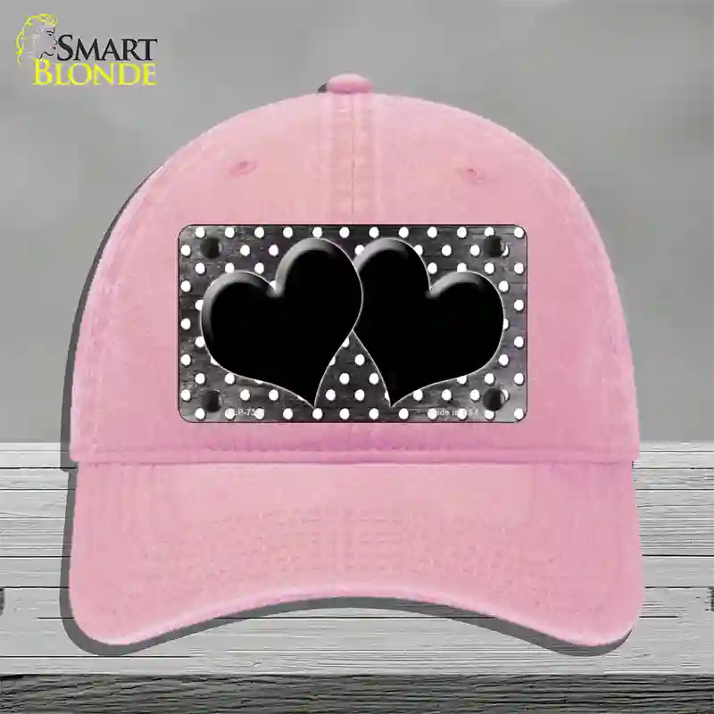 Black White Small Dots Hearts Oil Rubbed Novelty License Plate Hat Unconstructed Cotton / Pink