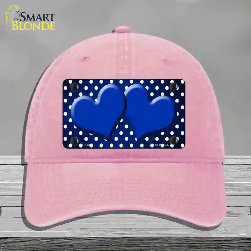 Blue White Small Dots Hearts Oil Rubbed Novelty License Plate Hat Unconstructed Cotton / Pink