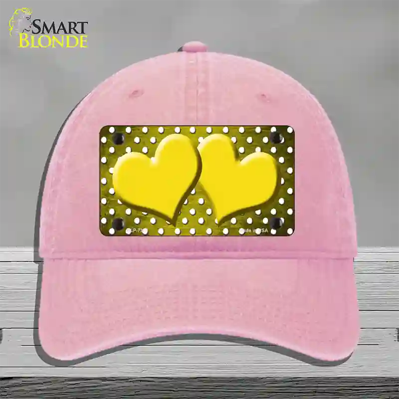 Yellow White Small Dots Hearts Oil Rubbed Novelty License Plate Hat Unconstructed Cotton / Pink