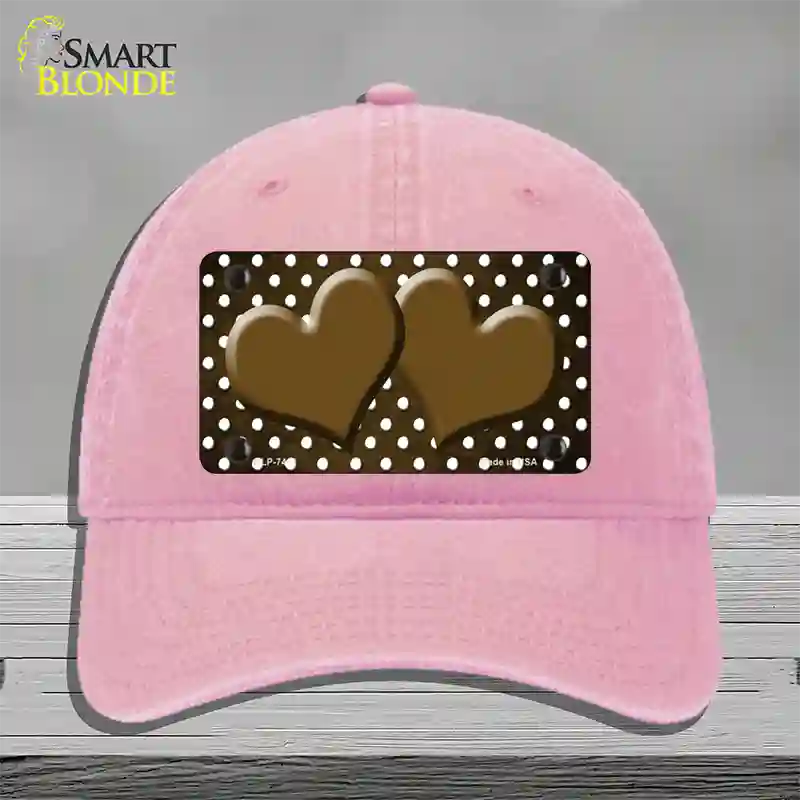 Brown White Small Dots Hearts Oil Rubbed Novelty License Plate Hat Unconstructed Cotton / Pink