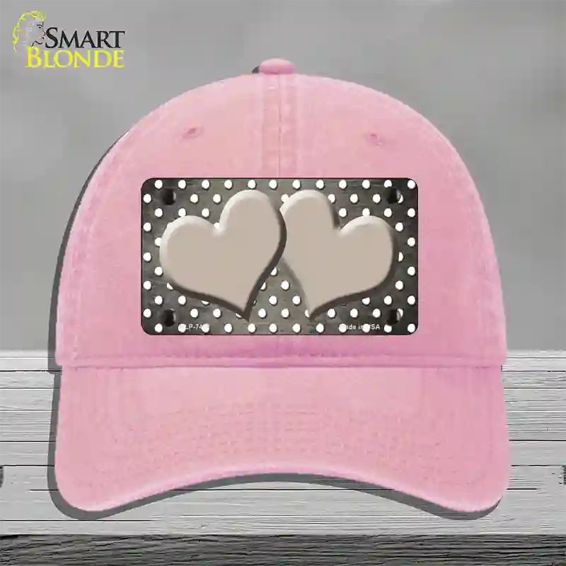 Tan White Small Dots Hearts Oil Rubbed Novelty License Plate Hat Unconstructed Cotton / Pink