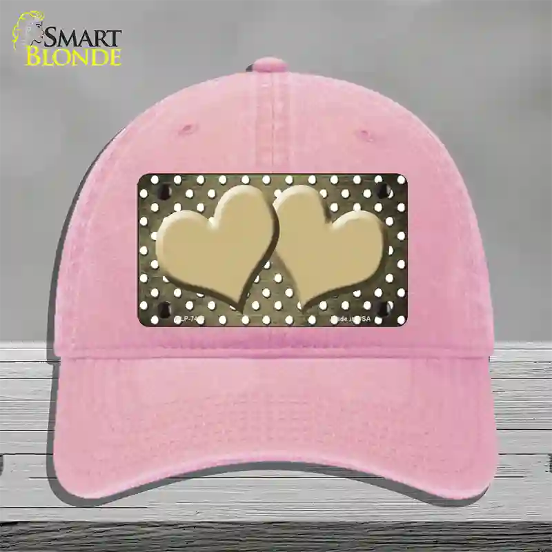 Gold White Small Dots Hearts Oil Rubbed Novelty License Plate Hat Unconstructed Cotton / Pink