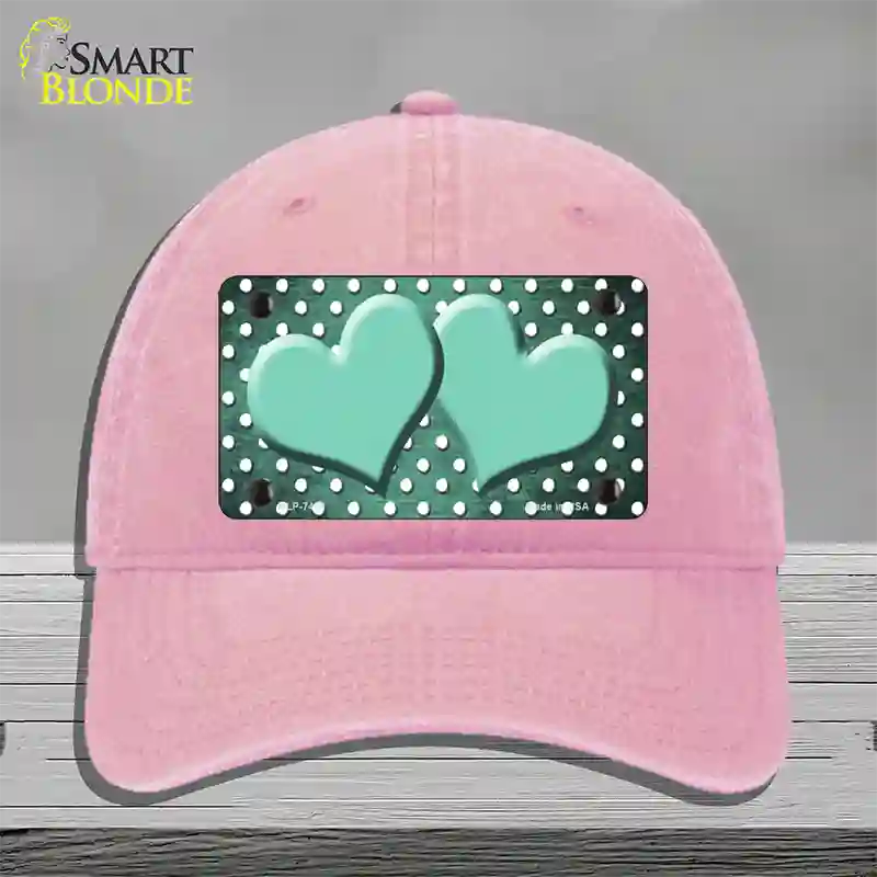 Mint White Small Dots Hearts Oil Rubbed Novelty License Plate Hat Unconstructed Cotton / Pink