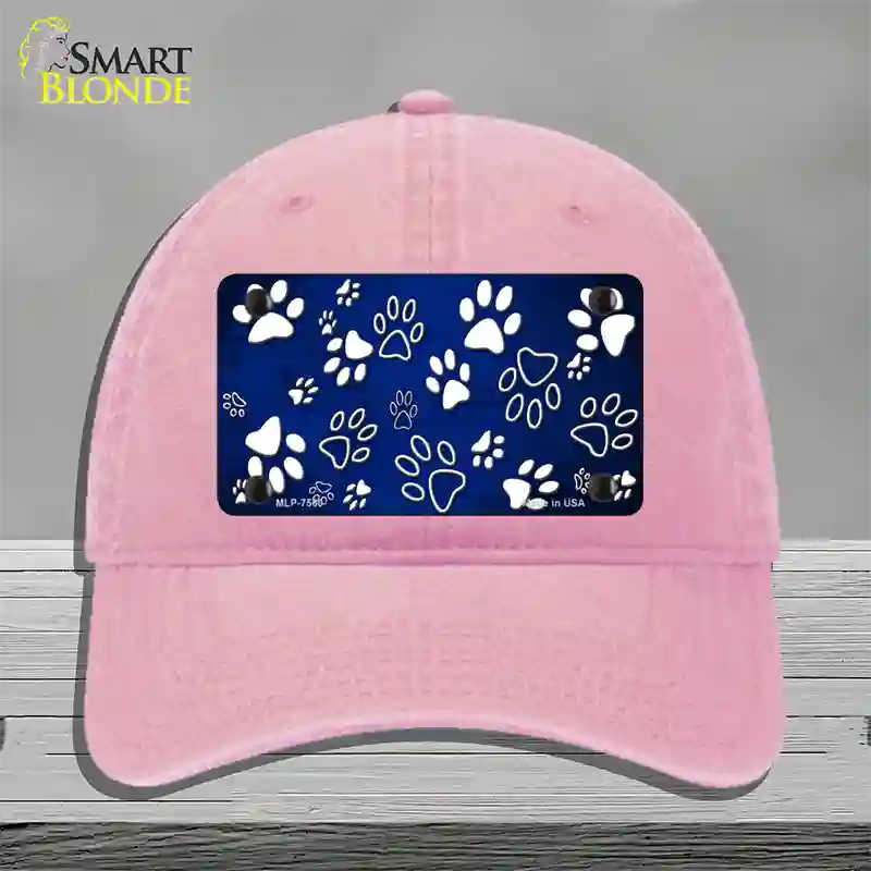 Blue White Paw Oil Rubbed Novelty License Plate Hat Unconstructed Cotton / Pink