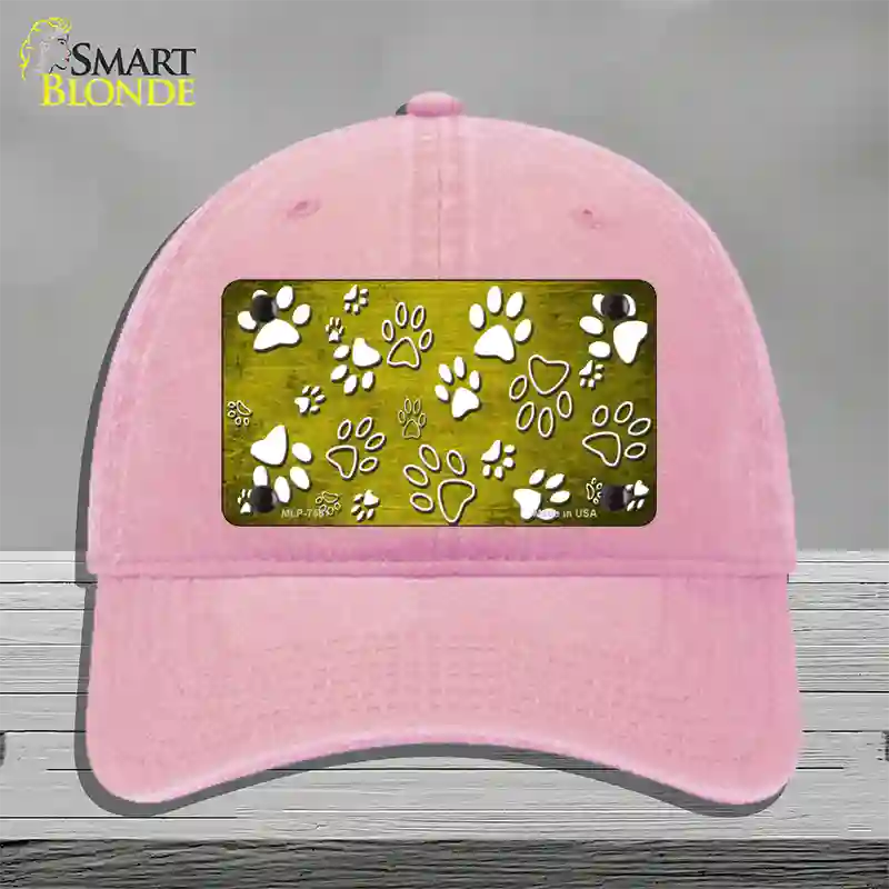 Yellow White Paw Oil Rubbed Novelty License Plate Hat Unconstructed Cotton / Pink