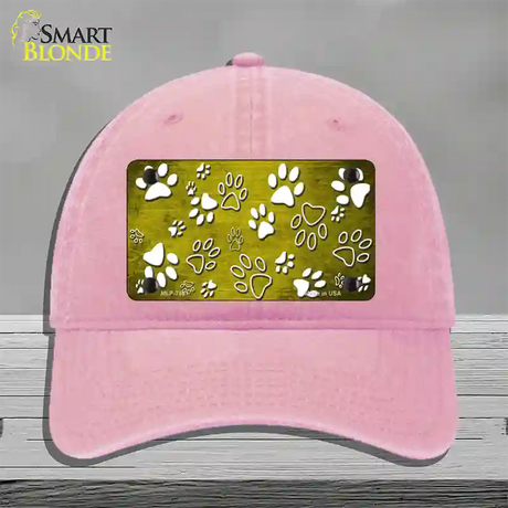 Yellow White Paw Oil Rubbed Novelty License Plate Hat Unconstructed Cotton / Pink