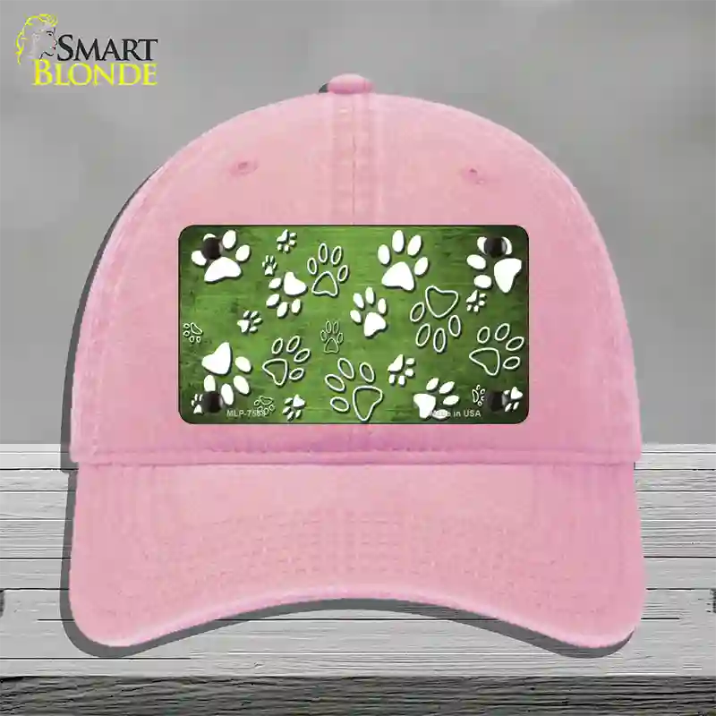 Lime Green White Paw Oil Rubbed Novelty License Plate Hat Unconstructed Cotton / Pink