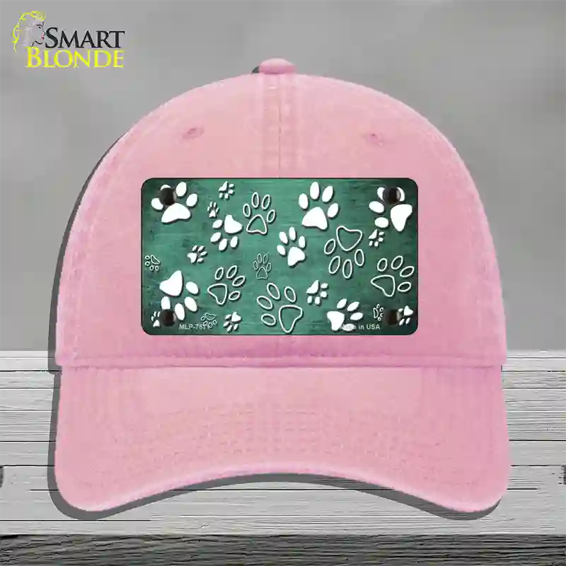 Mint White Paw Oil Rubbed Novelty License Plate Hat Unconstructed Cotton / Pink