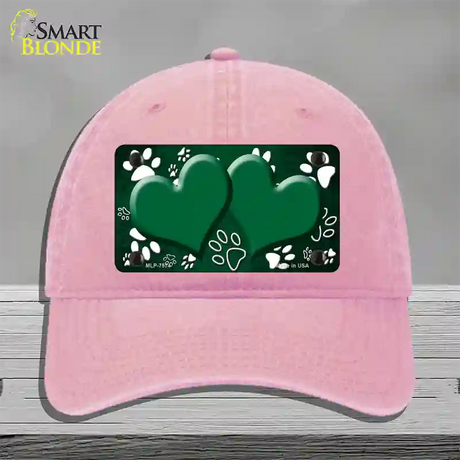 Paw Heart Green White Novelty License Plate Hat Unconstructed Cotton / Pink