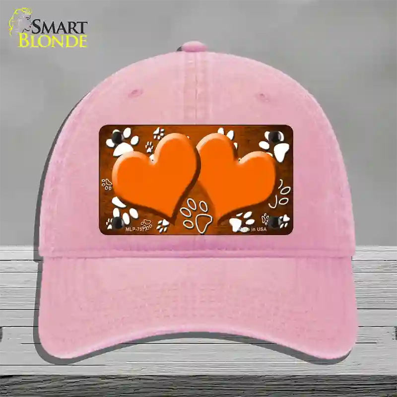 Paw Heart Orange White Novelty License Plate Hat Unconstructed Cotton / Pink