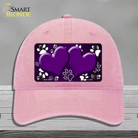 Paw Heart Purple White Novelty License Plate Hat Unconstructed Cotton / Pink