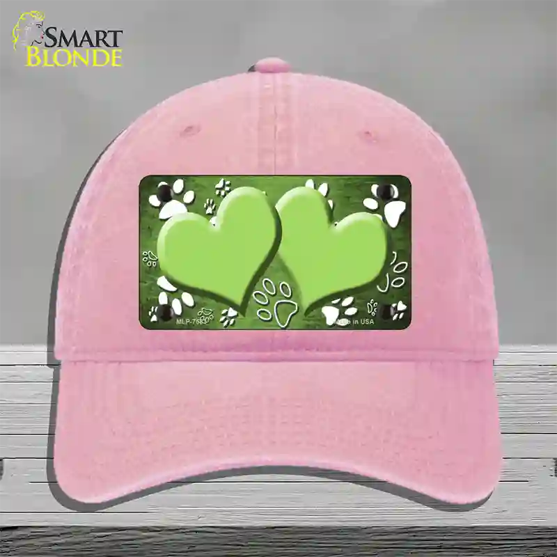 Paw Heart Lime Green White Novelty License Plate Hat Unconstructed Cotton / Pink