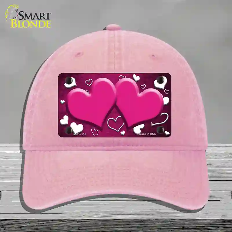 Pink White Love Hearts Oil Rubbed Novelty License Plate Hat Unconstructed Cotton / Pink