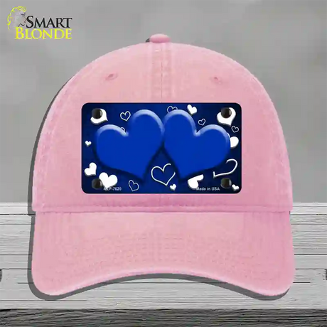 Blue White Love Hearts Oil Rubbed Novelty License Plate Hat Unconstructed Cotton / Pink