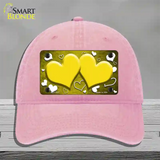 Yellow White Love Hearts Oil Rubbed Novelty License Plate Hat Unconstructed Cotton / Pink