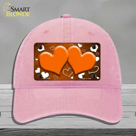 Orange White Love Hearts Oil Rubbed Novelty License Plate Hat Unconstructed Cotton / Pink